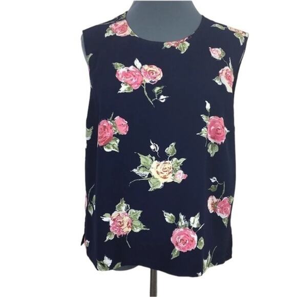 Pendleton Sleeveless Top Women’s Size 12 Navy Blue Red Yellow Roses Keyhole Back - Picture 1 of 7